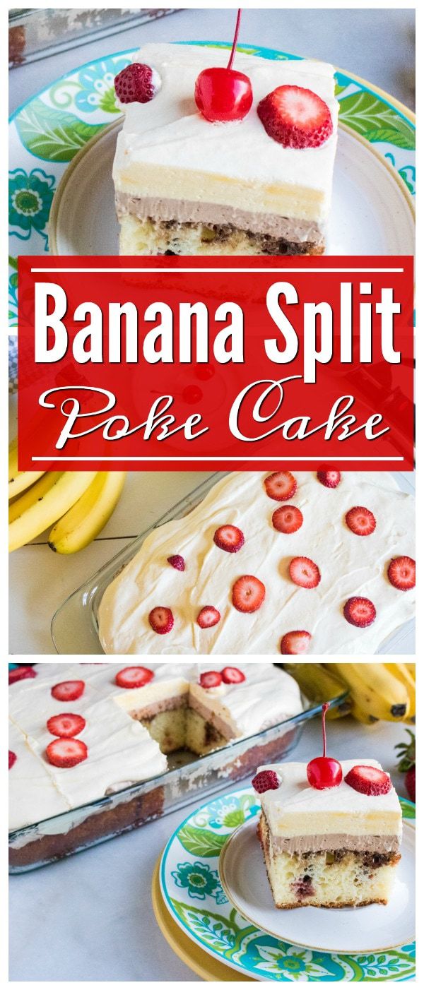 This Banana Split Poke Cake has got the perfectly cooked moist cake flavor combined with chocolate, pineapple and strawberry flavors. If you love banana splits and love cake, it would be wrong not to combine them for an amazing recipe, right? This Banana Split Poke Cake recipe is certain to perfectly mesh both flavors in a delicious pair. #PokeCakeRecipes #StrawberryCake #BananaSplitCake