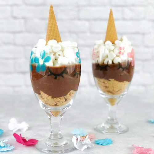 unicorn parfait with chocolate and marshmallows