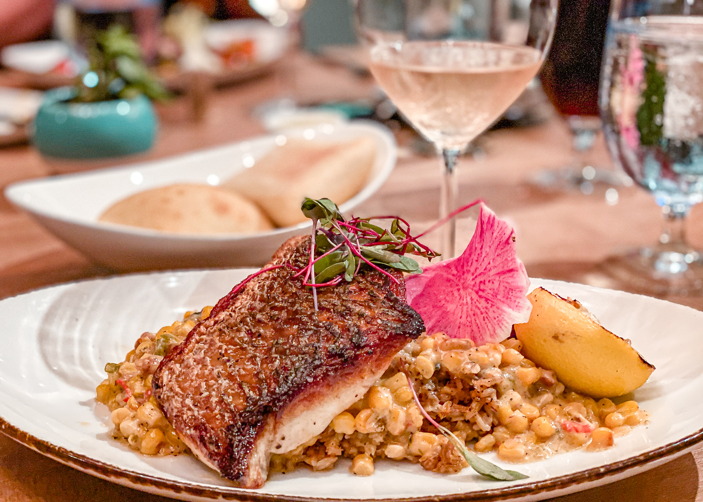 Red Fish Served over Dirty Rice, Corn Mauque Choux